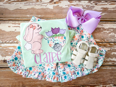 23 Bunny with Flowers Mint Shirt Set